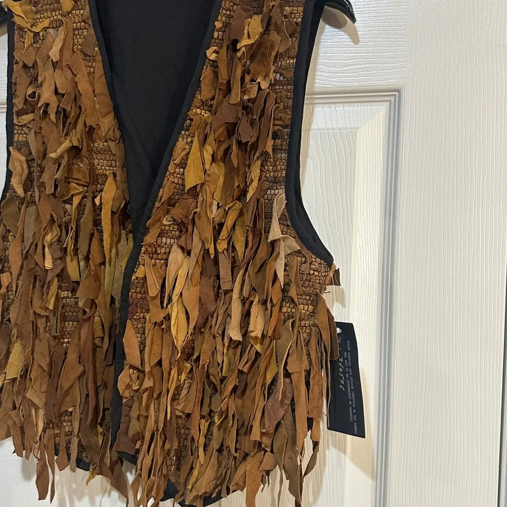 AJNY Mens Brown Shaggy Raw Edge Genuine Leather Vest Boho Western Large NWT‎